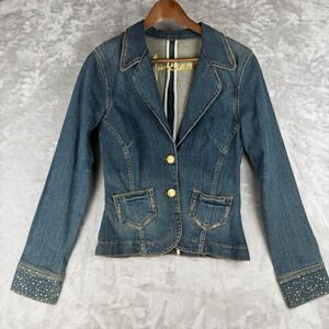 Marciano Women Blue Denim‎ Blazer Studded Cuff Gold Button Jacket L Large